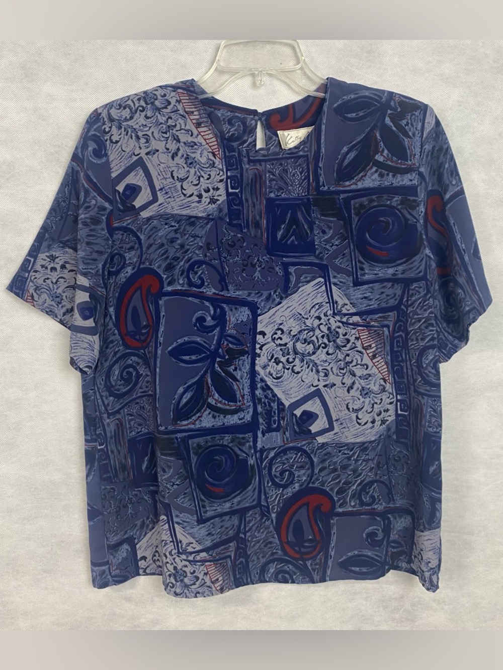 Vtg Kathy Che Top Sz Medium Blue Red Lightweight Short Sleeve Colorful Abstract
